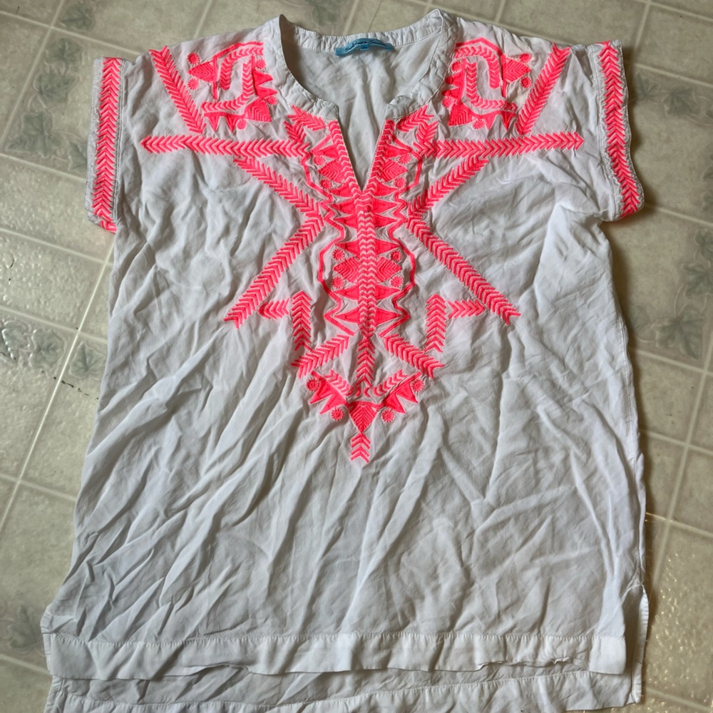 Solitaire Embroidered Split Neck White swim suit‎ Cover Up